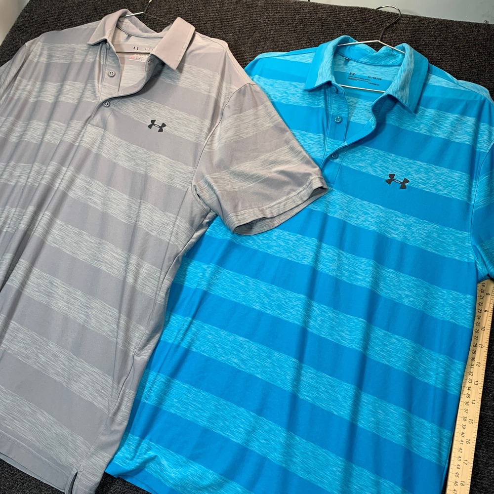 Under Armour Polo Shirt 2 Pack XL HeatGear Blue Grey Striped Golf Activewear